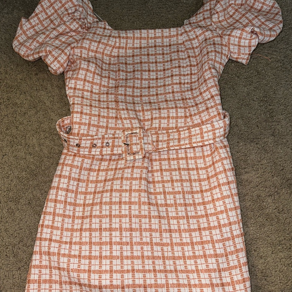 Plaid Puff Sleeve Dress with Belt